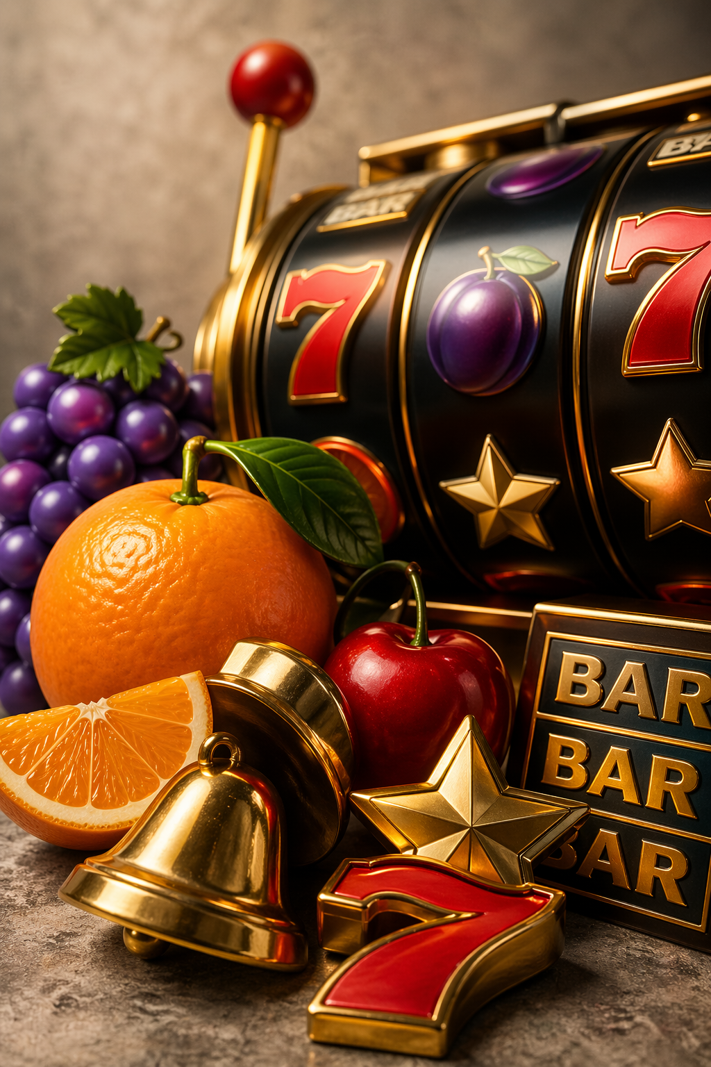 Colorful slot symbols, glowing reels and classic icons on a bright editorial background