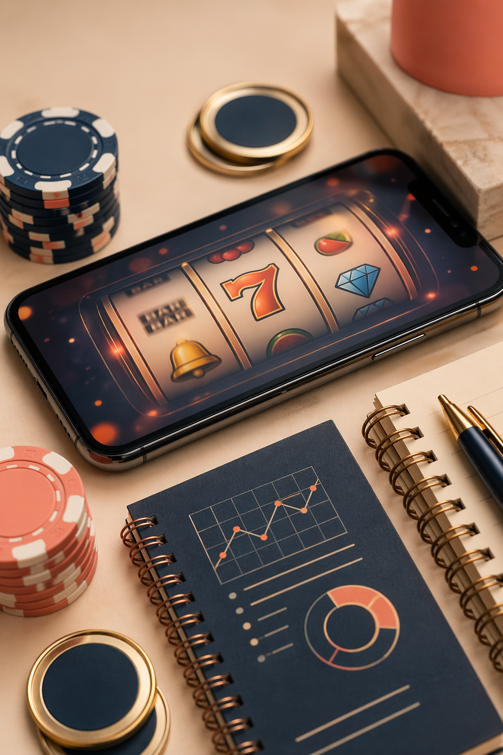 Smartphone with slot reels, notes and chips on a warm background