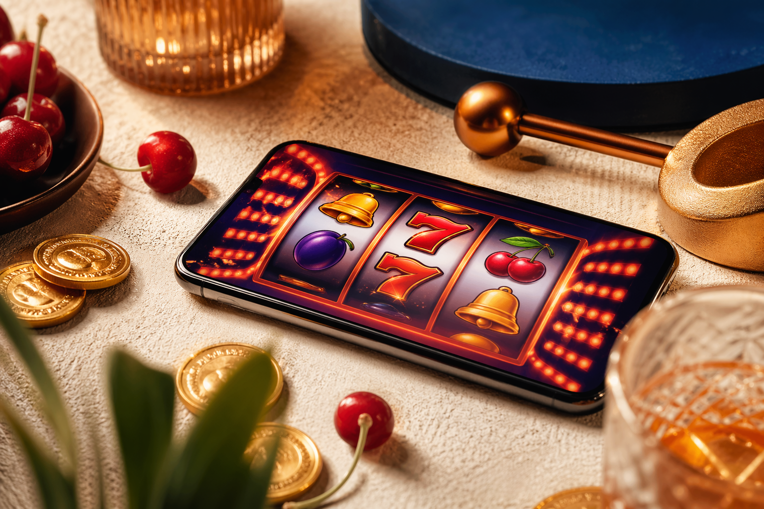 Bright editorial slot-themed composition with reels, smartphone play and colorful symbols