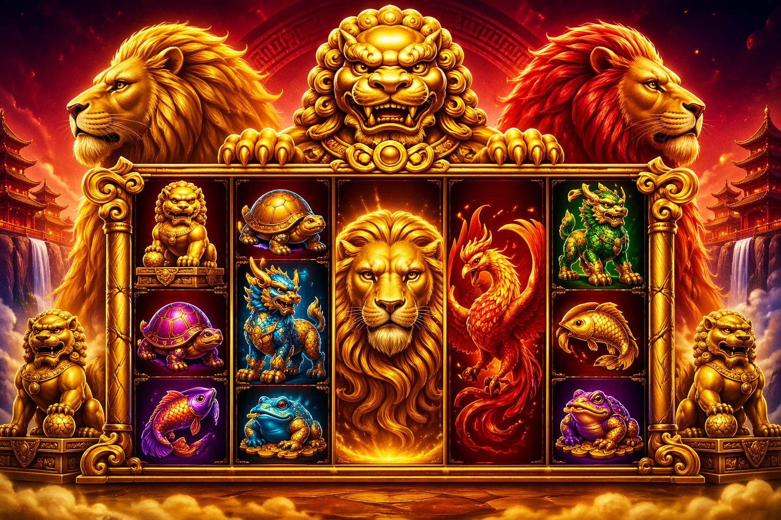 5 Lions Megaways inspired slot artwork with lions and ornate reels