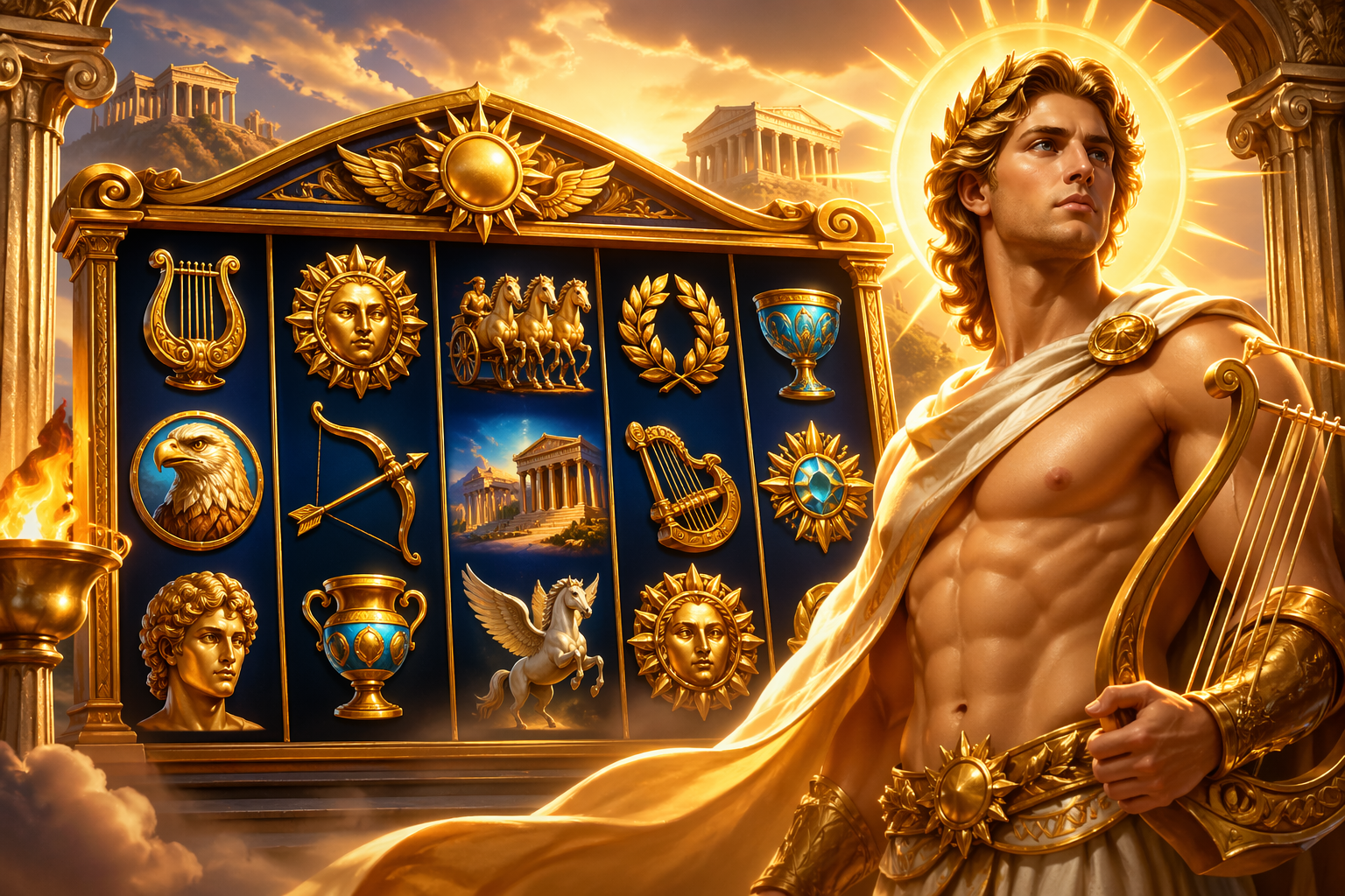 Apollo inspired slot artwork with mythic temple theme and slot reels