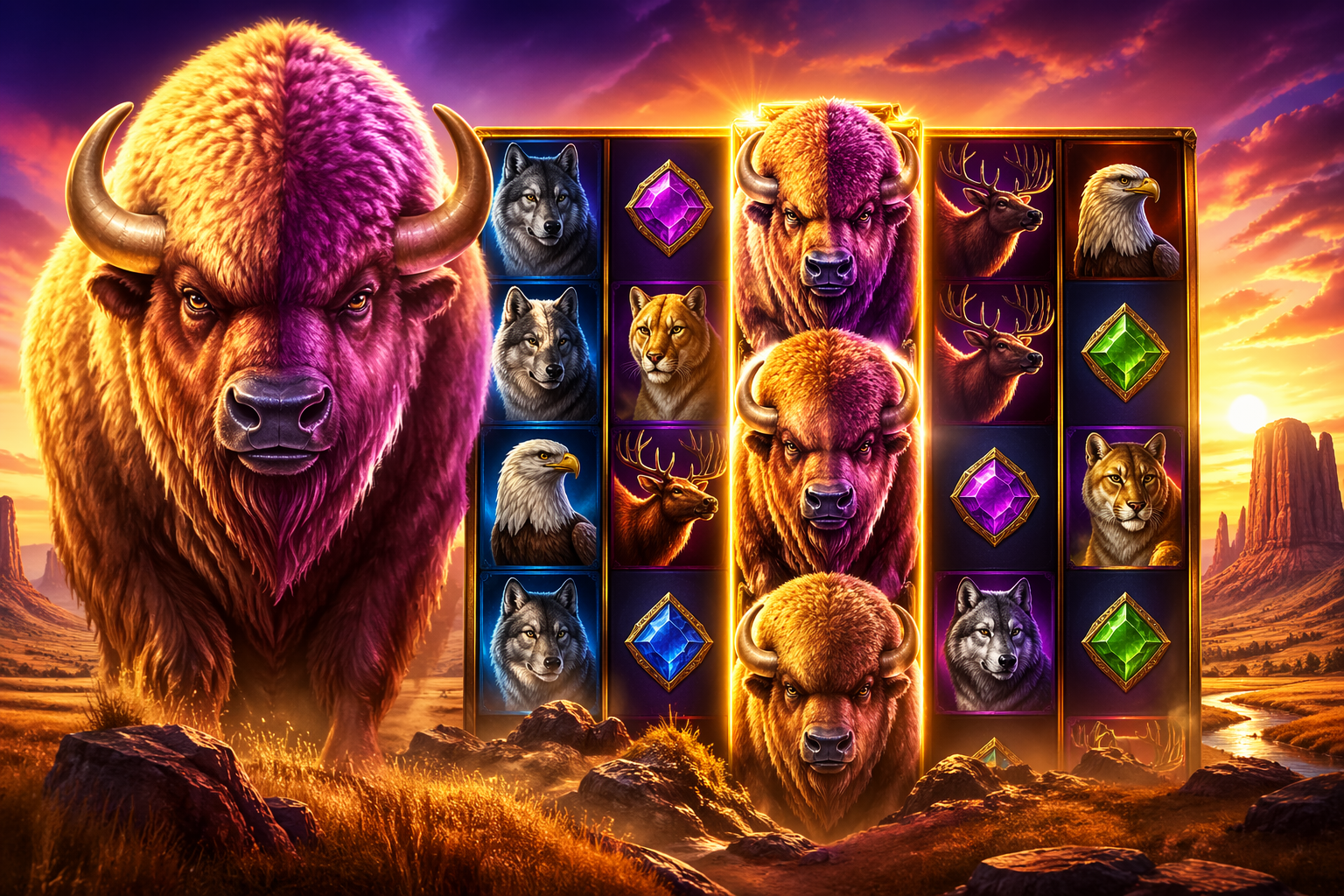 Buffalo King Megaways inspired slot artwork with buffalo and reels on open plains