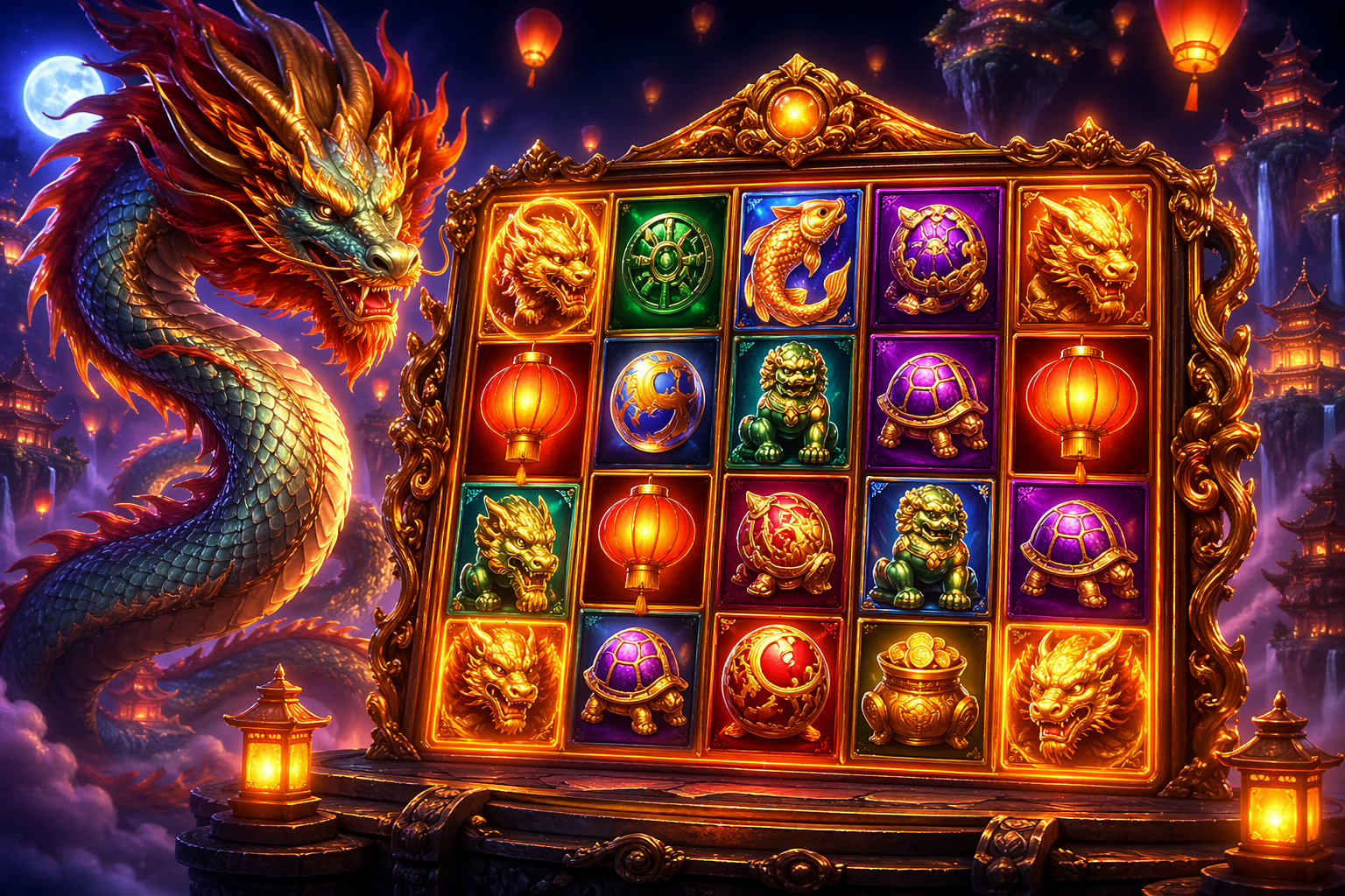 Floating Dragon Megaways inspired slot artwork with dragon, lantern light and glowing reels
