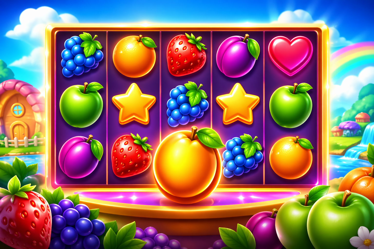 Fruit Party inspired slot artwork with bright fruit symbols and colorful reels