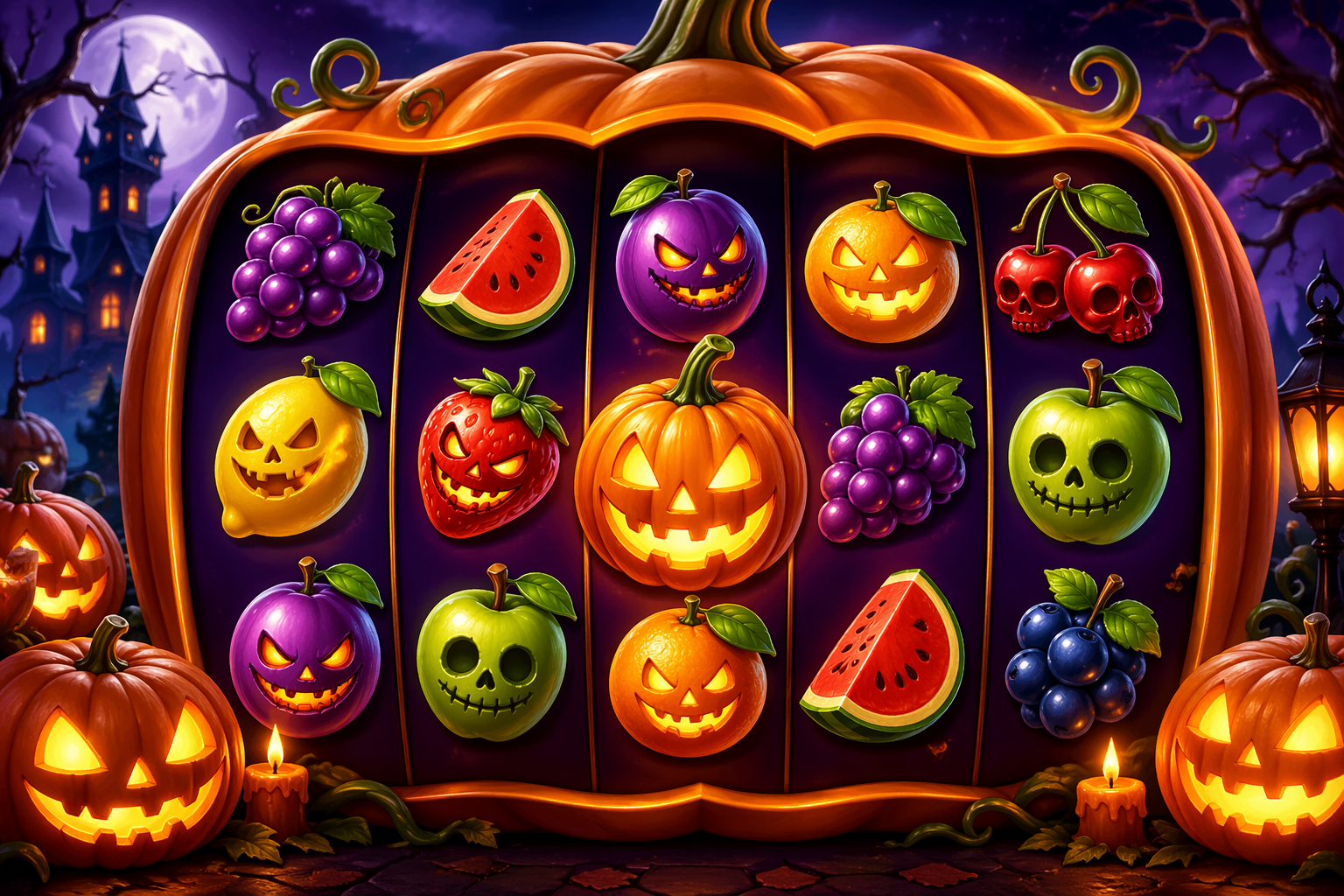 Fruity Halloween inspired slot artwork with pumpkin glow and themed reels