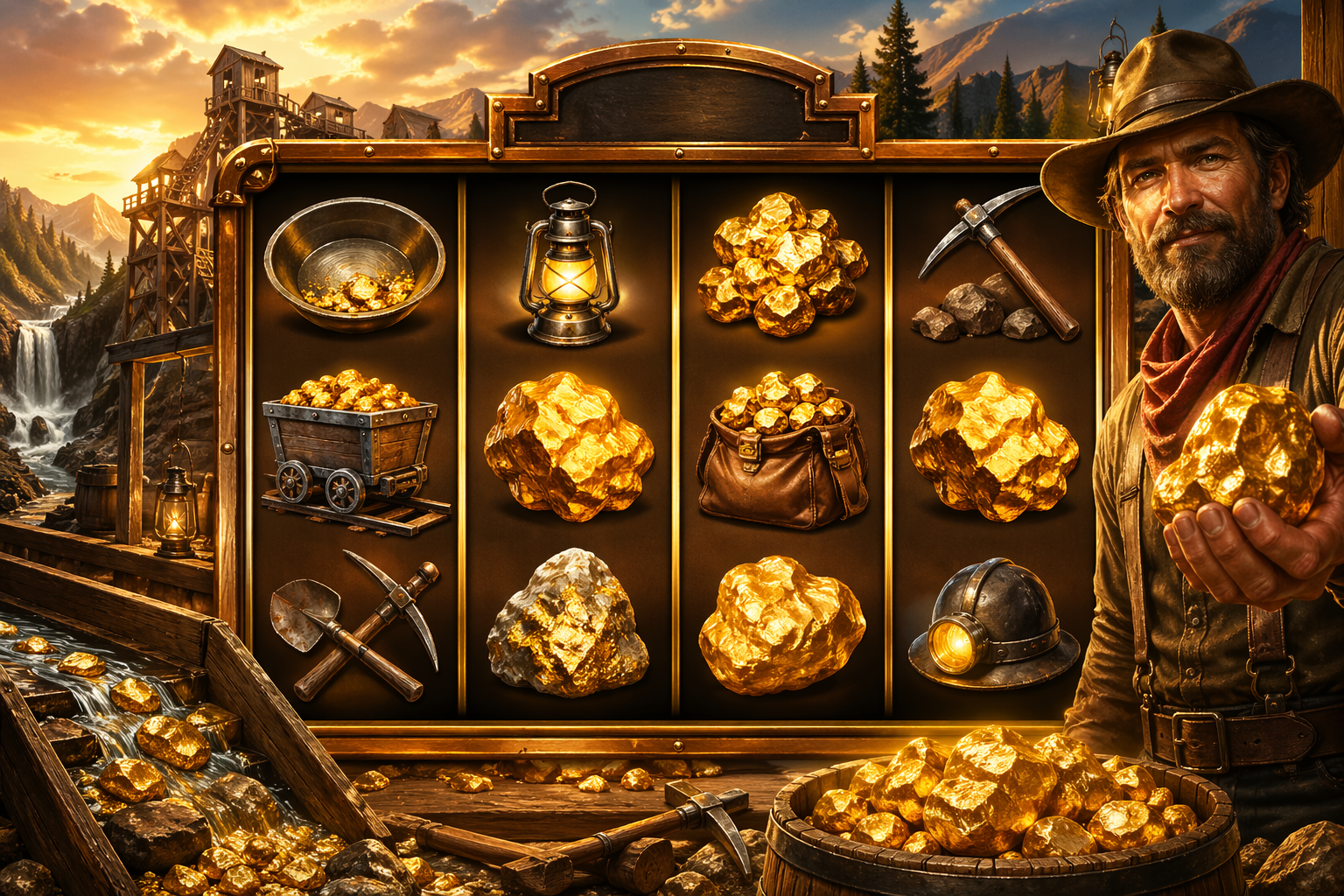 Gold Rush slot-style artwork with mine theme and glowing reels