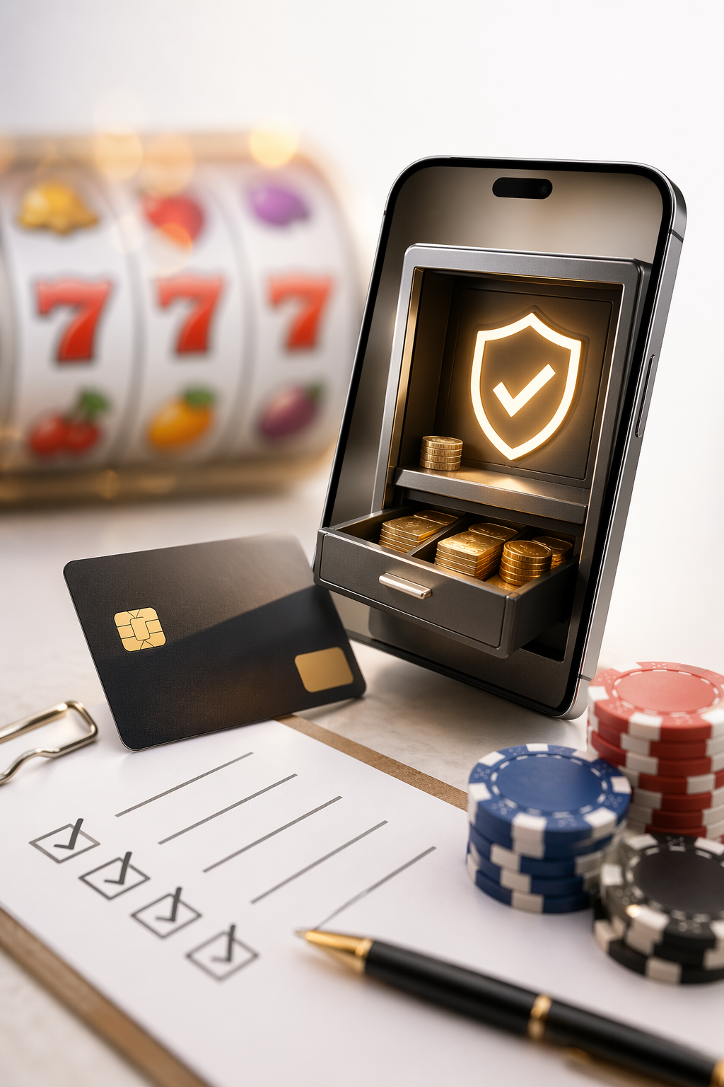 Smartphone cashier, slot reels blur and payment card for online slots real money checks